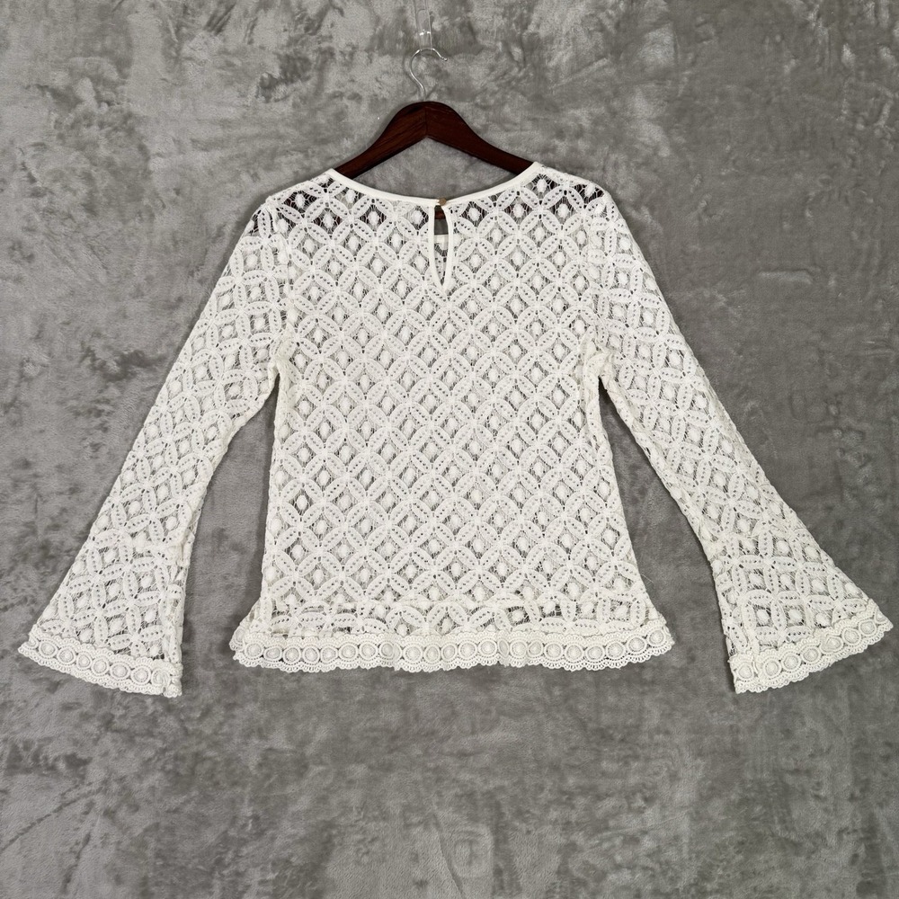 White Medium Lace Long Pattern Bell Sleeve Crew Neck Top by A New Day Sheer - Picture 4 of 4